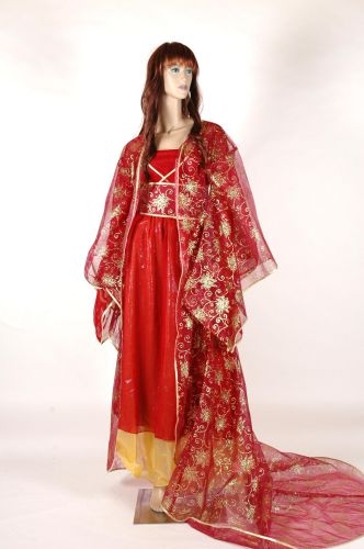 棗紅金蔥花改良女古裝(長外紗短外紗洋裝) CA-95007