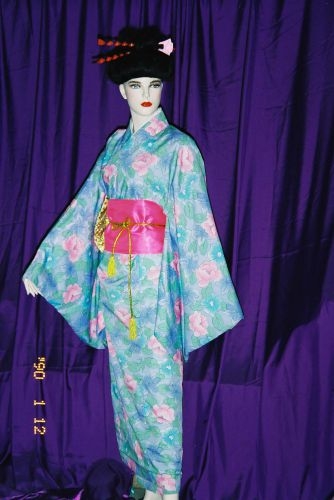藍底粉花日本女和服 OA1-86046