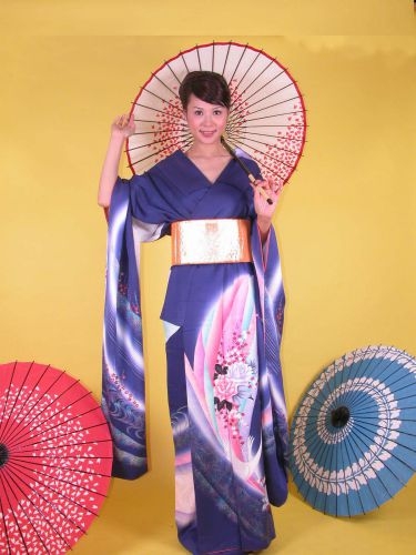 藍底五彩玫瑰日本女和服 OA1-93006