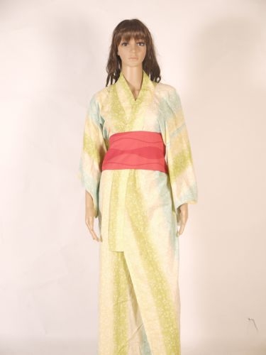 綠黃領小花日本女和服 OA1-97017A