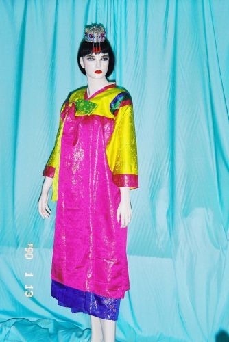 黃桃藍花紋女韓服(衣裙) OA2-86080