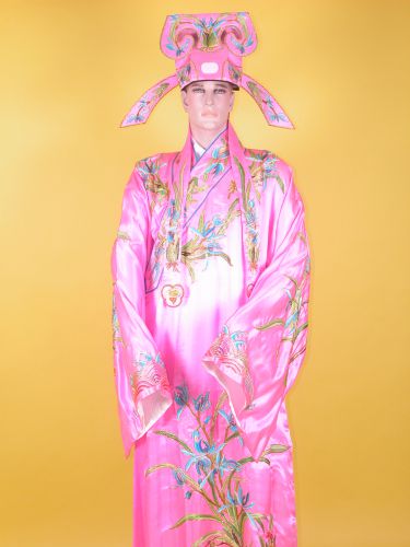 粉緞滾藍邊繡花書生袍 CJ-90004