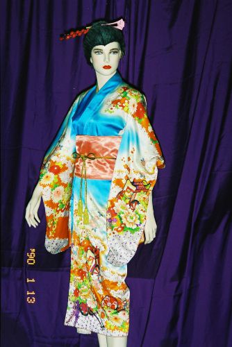 水藍底桔牧丹花日本女和服 OA1-86059