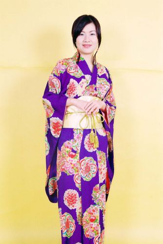 深紫底團花日本女和服 OA1-88009