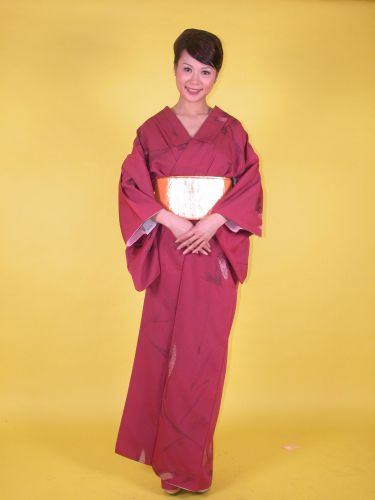 棗紅底銀線日本女和服 OA1-93009