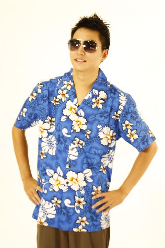 寶藍底白花夏威夷襯衫 OA8-132301