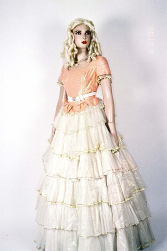 粉桔亮緞紗裙短袖禮服 PA-90030