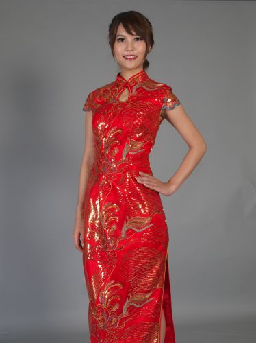 紅金亮片現代式祺袍 PC-102001